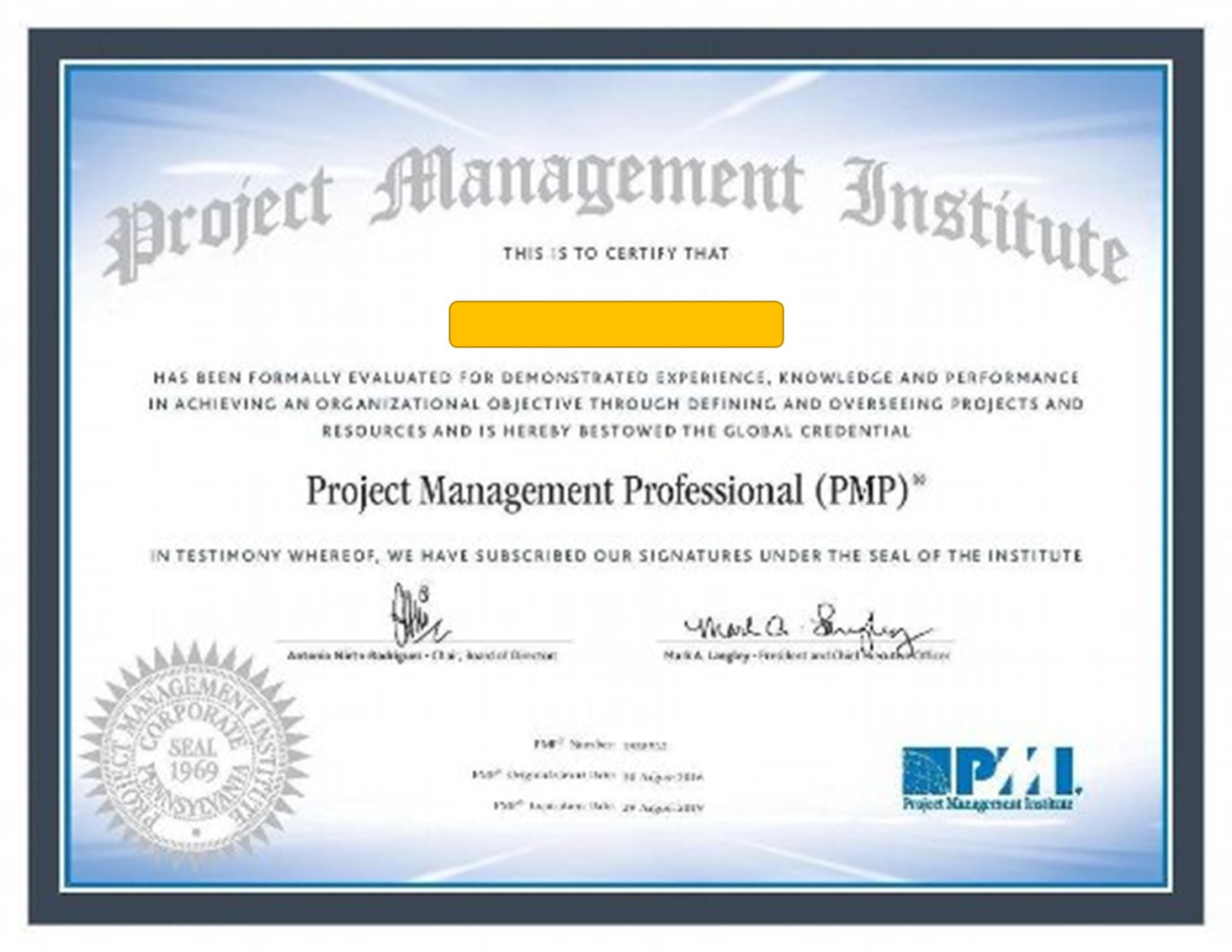 The PMP Certificate from 2016